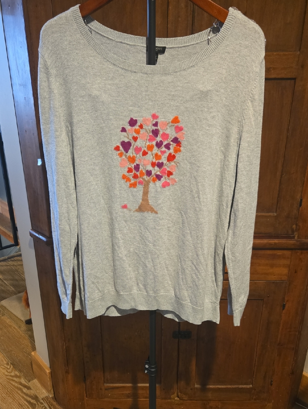 Talbots Light Gray Knit Sweater with Multicolor Heart Tree Motif